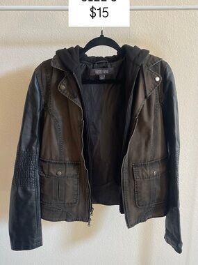 Kenneth Cole Reaction Black Hooded Faux-Leather Moto Jacket